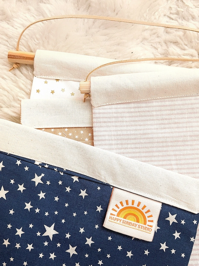 The back of the banners in complimentry cfabrics