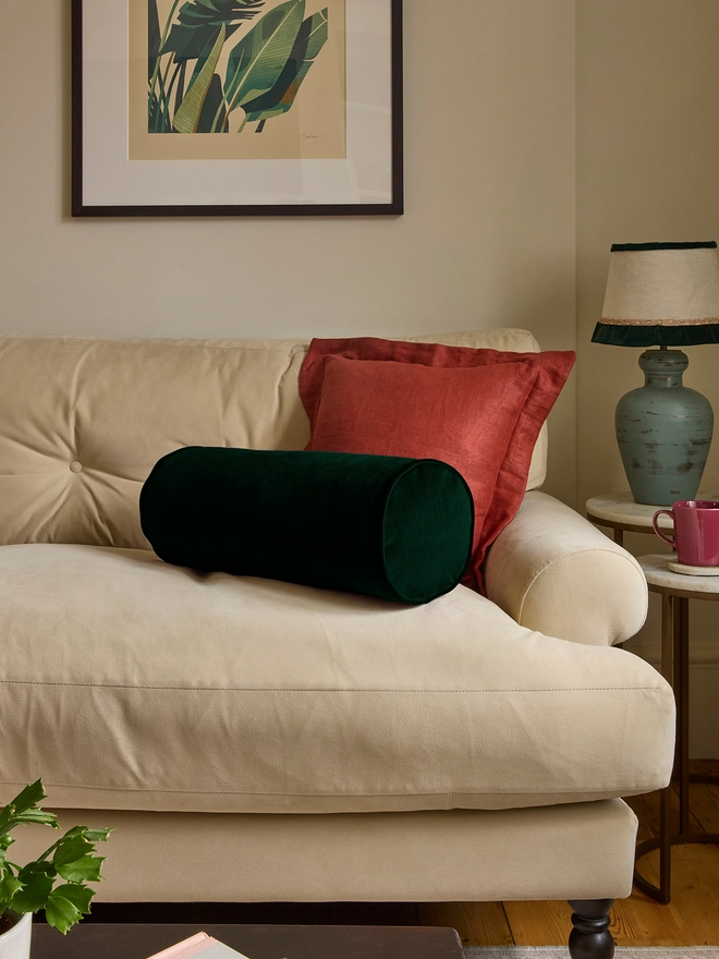 Kika Bespoke handmade velvet piped bolster cushion 50x20cm in Forest Green
