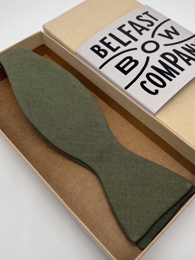 Olive Green Irish Linen Self-Tie handmade by the Belfast Bow Company