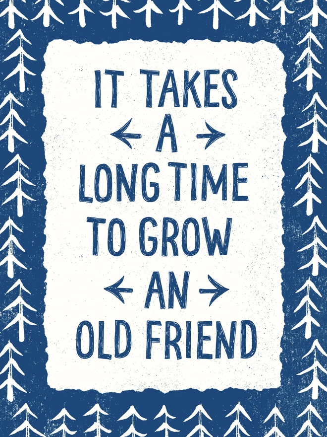 detail of friendship gift print showing hand lettered friendship quote in blue and white