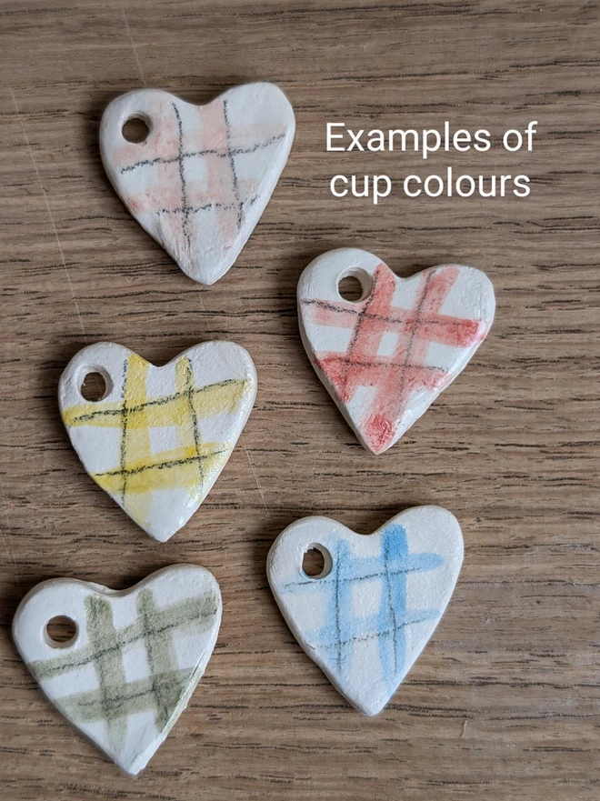 ceramic gingham hearts showing examples of colours pink blue yellow and green