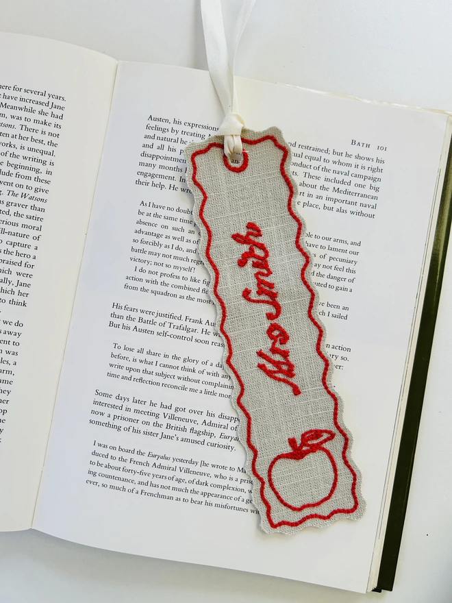 embroidered linen bookmarks red thread