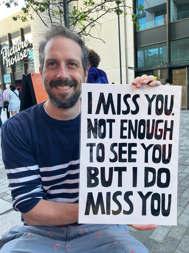I Miss You Print. A white print with black lettering.
