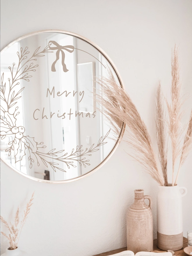 personalised floral wreath in mushroom on a mirror