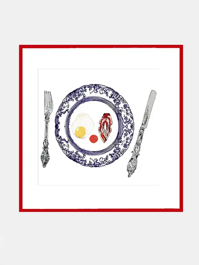 english breakfast plate signed print. a print of a painting of a plate, knife and fork with fried egg and bacon.