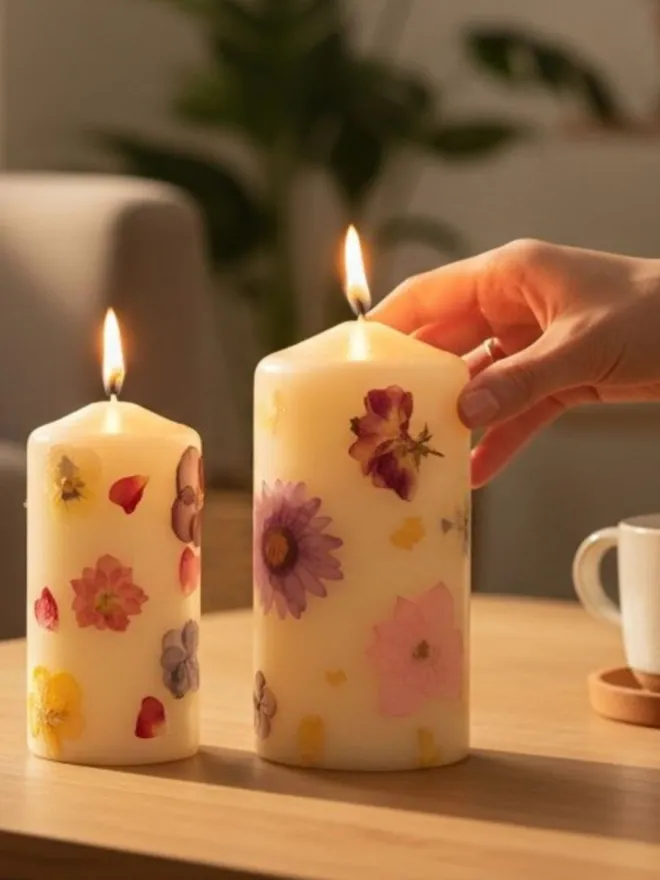 pressed flower candles lit placed on a table
