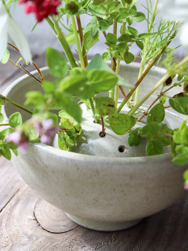 Handmade Ceramic Flower Frog & Bowl Set