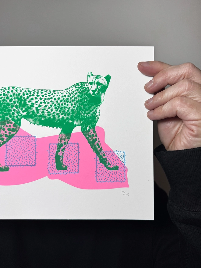 Techno Cheetah – Screen Printed Poster - Small A4 Size - Close up detail shot right