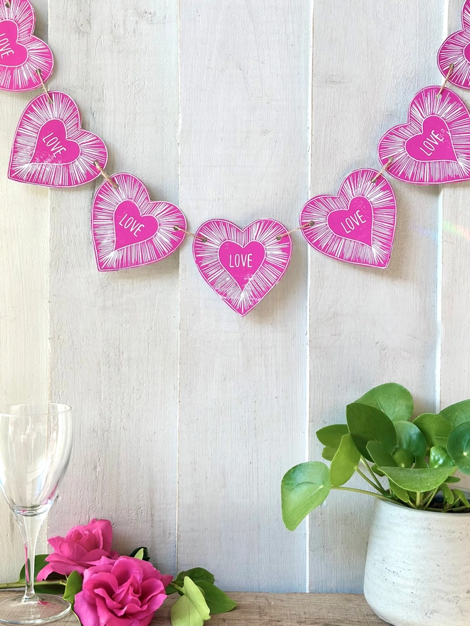 Heart Garland With Love Text Linocut Hanging Decoration