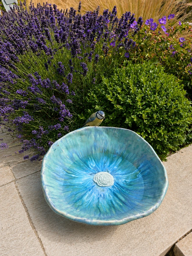 ceramic bird bath in blue glaze, jenny hopps pottery