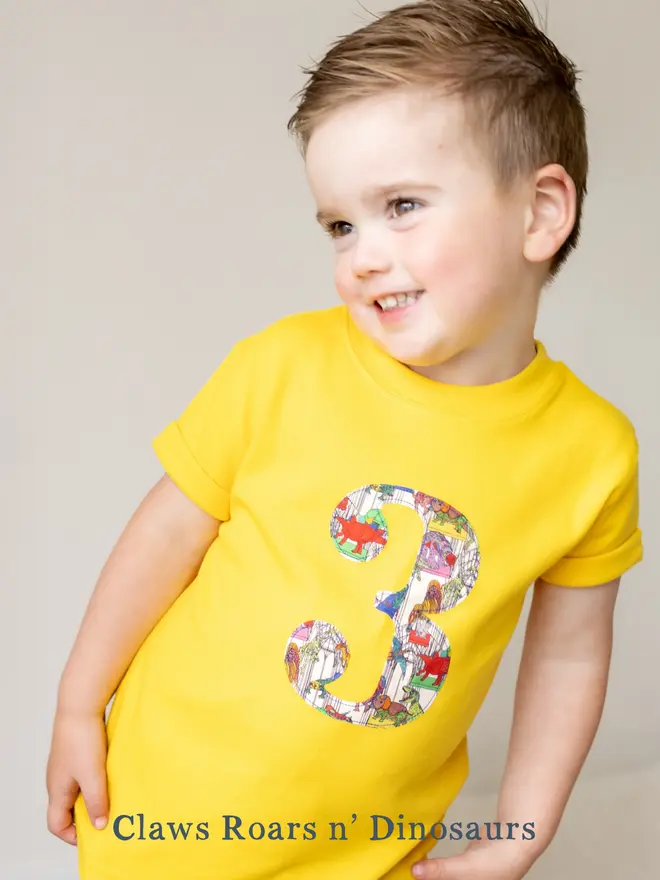 a 3 year old birthday boy wearing a yellow t-shirt with a number 3 in a liberty dinosaur print on front