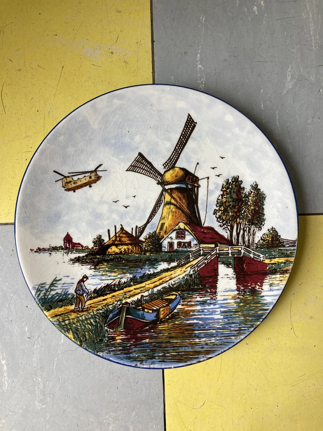 Chinnock, Vintage plate, china plate, hand printed plate, original gift, cool gift, unique gift, ceramic plate, wall art, Helicopter, Dutch plate, Dutch art