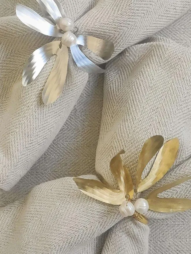 Silver and Brass Mistletoe Napkin Rings