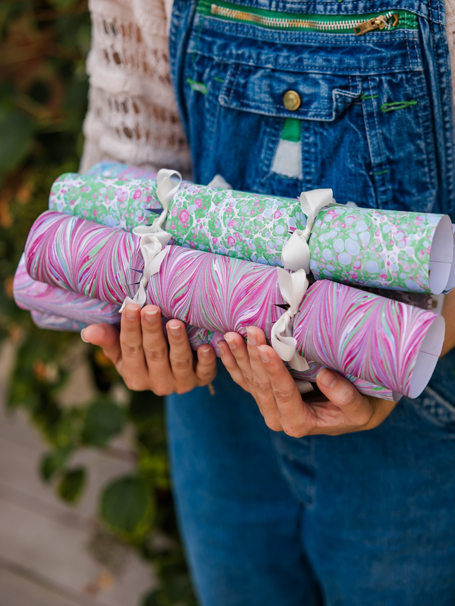 Hand-marbled Christmas crackers