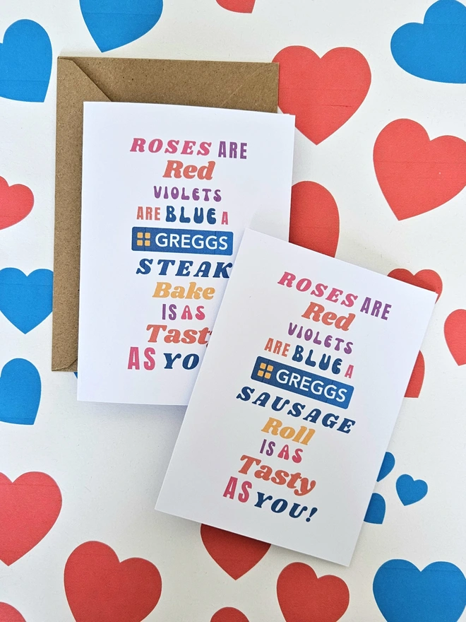 A choice if two humorous valentine greeting cards that say rose are red violets are blue a Greggs sausage roll or a Greggs Steak bake is a tasty as you in colourful text in different fonts