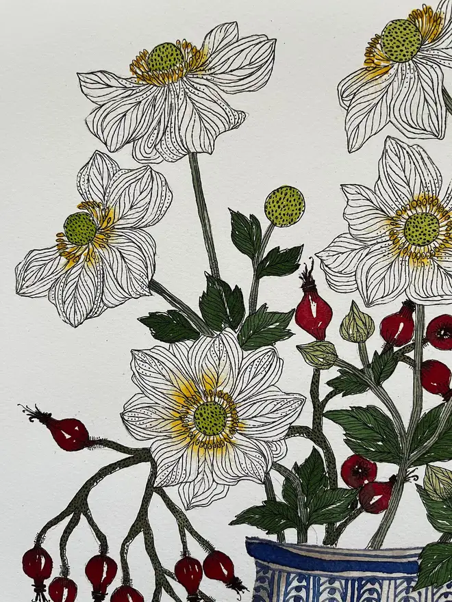 'Anemones and Rose Hips' A3 Giclee Art Print