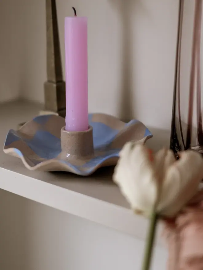 Baby Blue Checked Scalloped Candle Holders