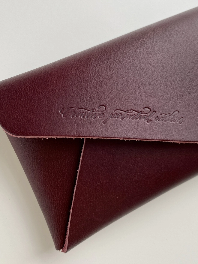 Meticulous Ink Leather Pencil Case - Close up of engraved script lettering