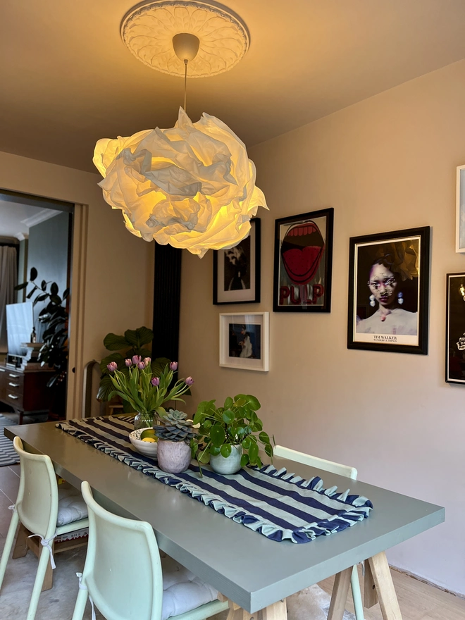 Black and jade stripe ruffled table runner 