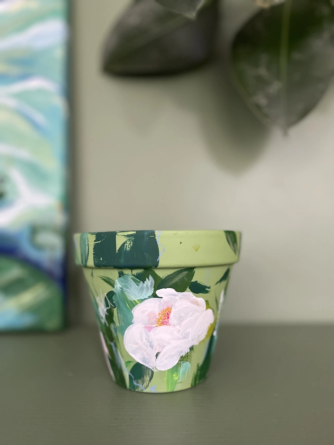 Sage green hand painted plant pot peony flowers