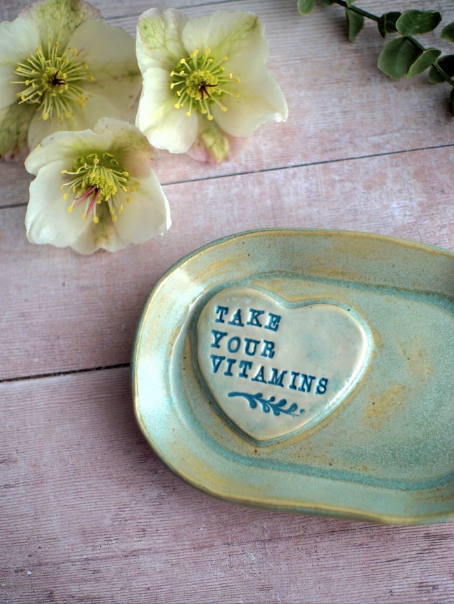 Take your vitamins dish, vitamin dish, ceramic trinket dish, ceramic jewellery dish, Jenny Hopps Pottery