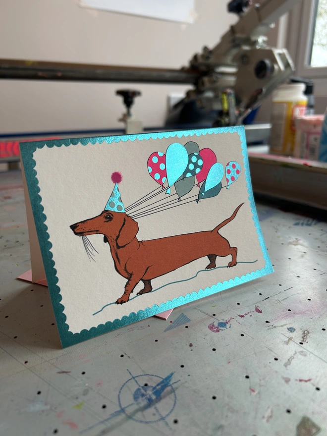 Foiled dachshund Card, Hannah Carvell, Balloons