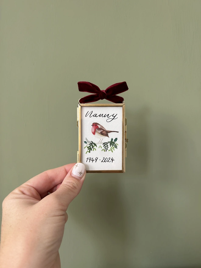 Mini Personalised Memorial Frame Christmas Tree Decoration with Calligraphy and Robin Illustration