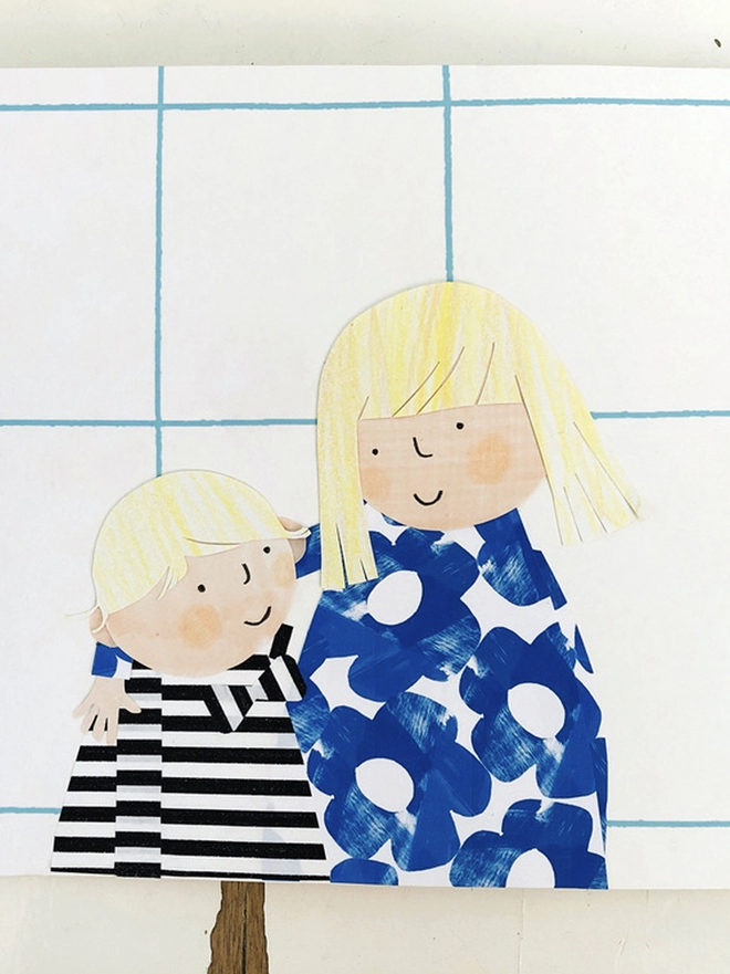 a collaged portrait of a brother and sister with black and white stripes, blonde hair and blue flowery coat