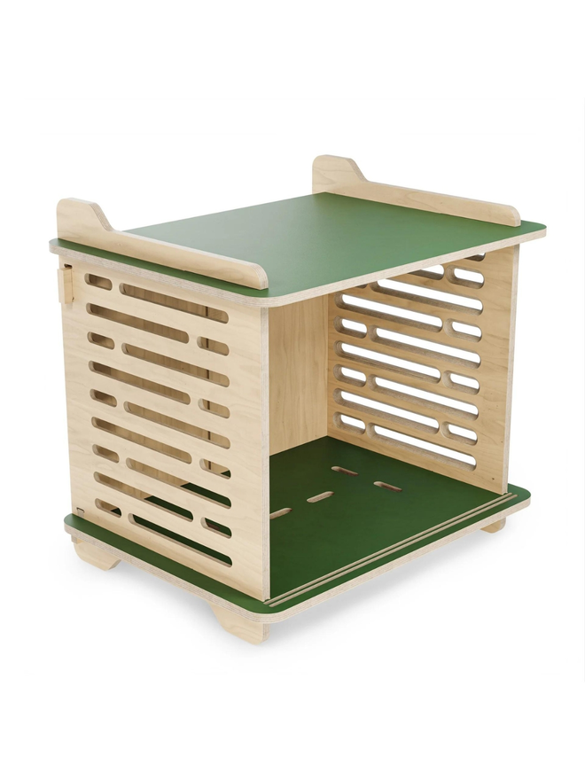 wooden dog crate with green top and base side view interior