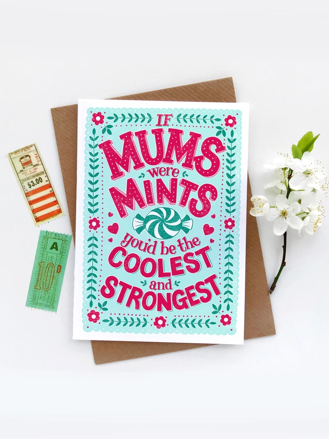 pink and green cool mum mints mothers day card with stamps and flowers