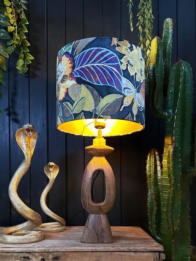 Swallowtail velvet lampshade with butterflies, tropical flowers and gold lining