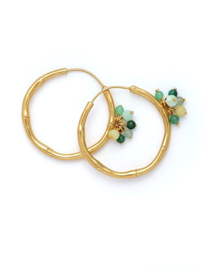 Gold Vermeil Bamboo Hoops with green gemstone bead baubles, small
