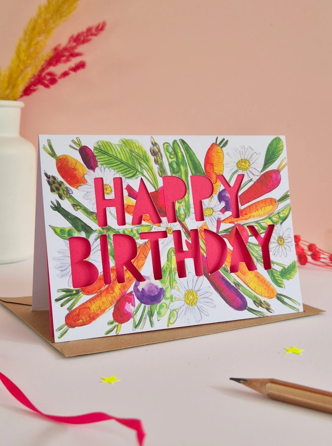Vegetable Salad greeting card with vegetable illustraion and hot pink liner