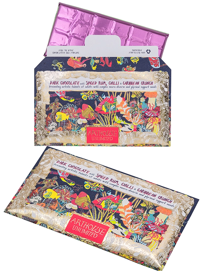 Charity dark chocolate with rum, chilli & caribbean crunch packaged in foiled card & fish drawings 