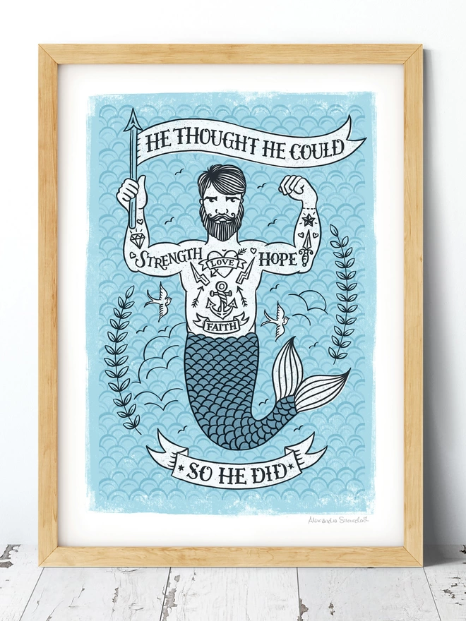 blue tattooed merman congratulations print in wood frame