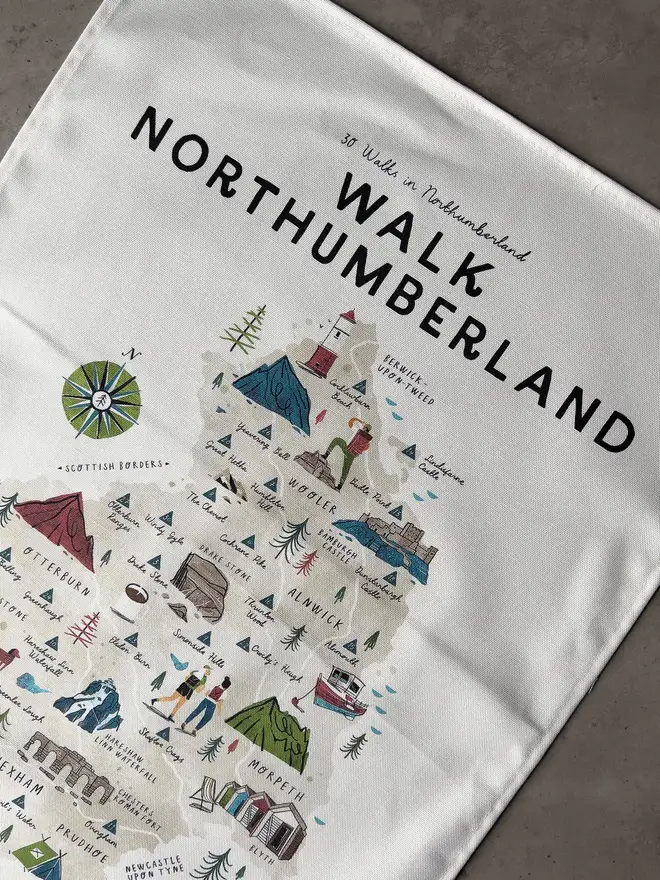 northumberland walking map tea towel