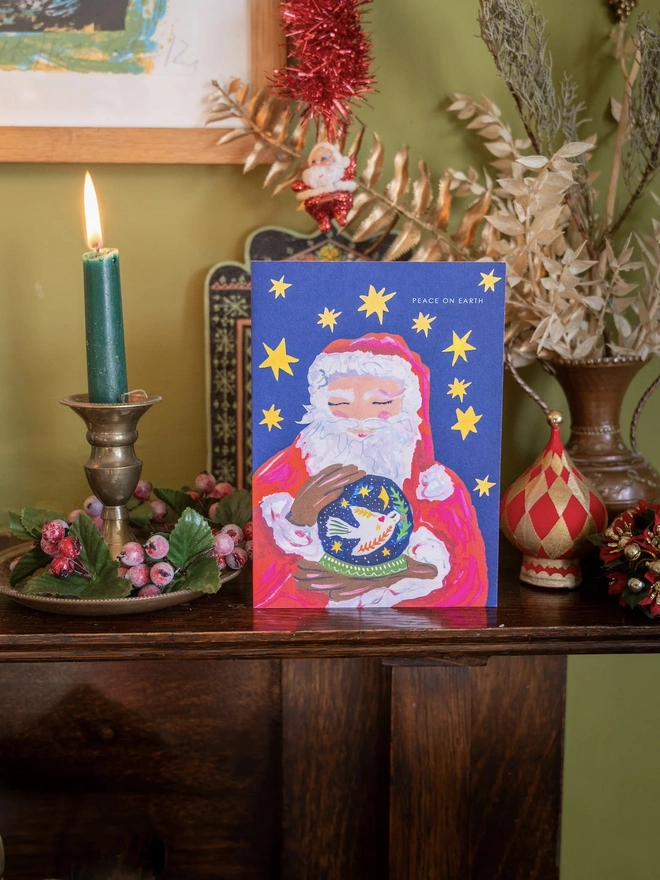 "Peace On Earth", Santa With Globe Christmas Card 