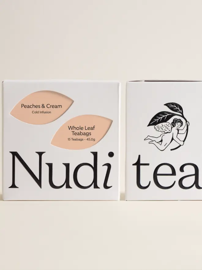 white box of peach tea with pale orange leaf design