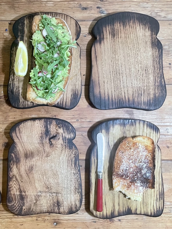 4 Toast Shaped Oak Serving Boards with Food
