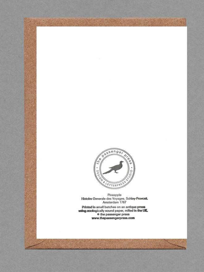 Back of white card with a brown envelope behind on a grey background