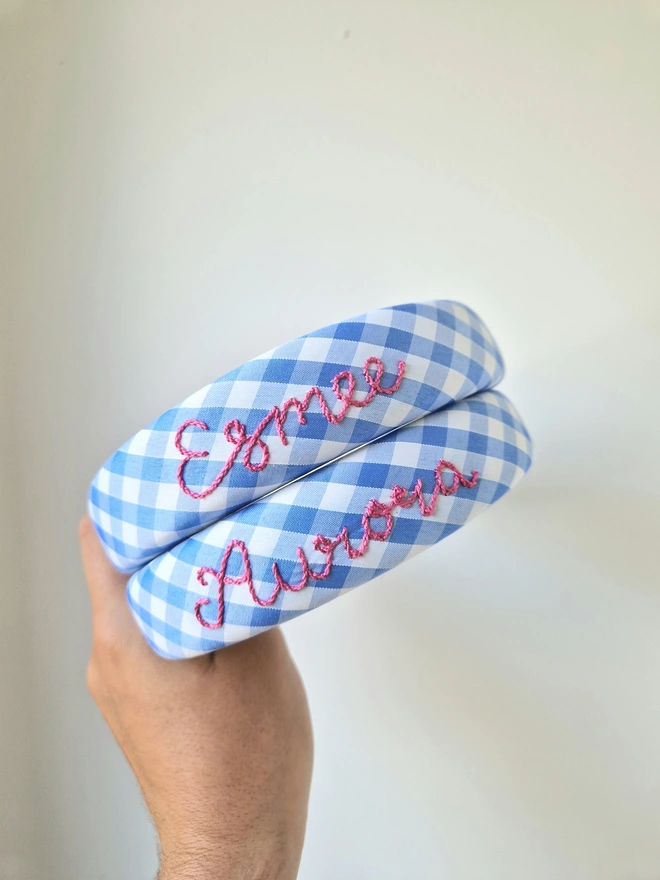 blue gingham personalised headbands