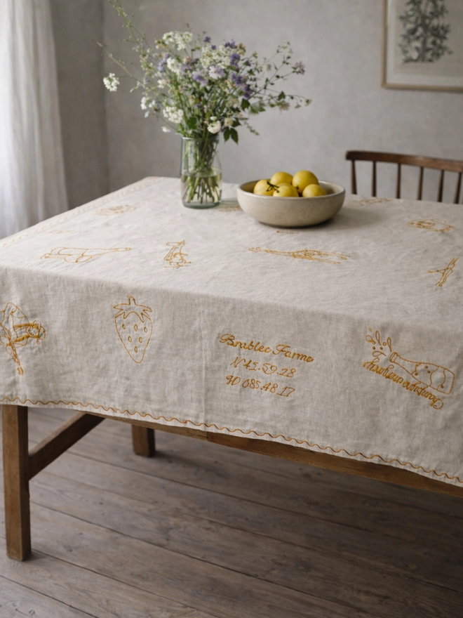 Embroidered 'Favourite Things' Linen Tablecloth