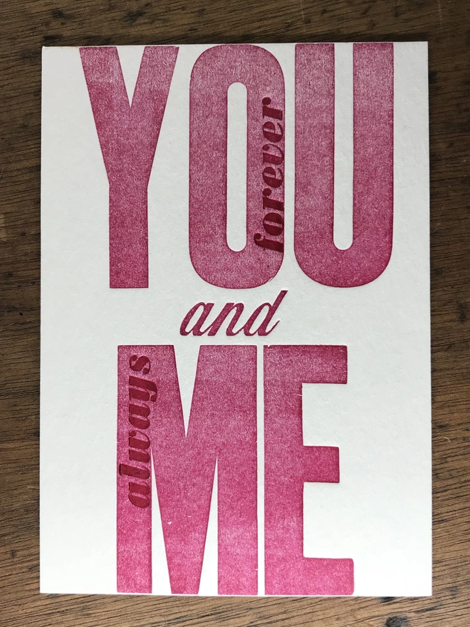 You and Me Always and Forever letterpress printed postcard in red