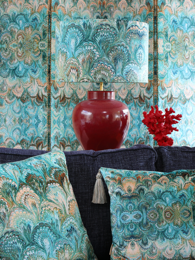 blue patterned handmade velvet cushion