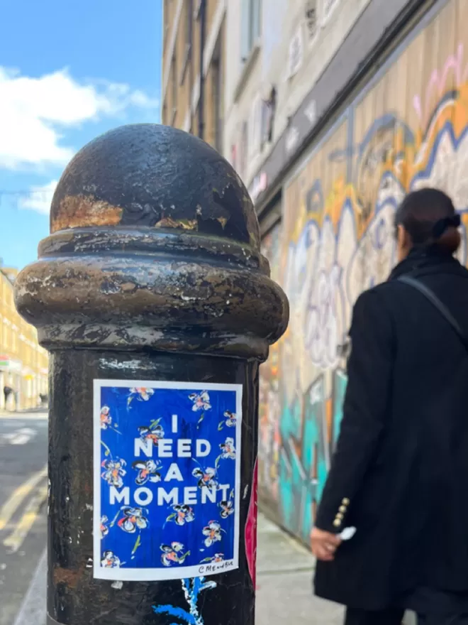I NEED A MOMENT sticker based on an original monoprint by M.E. Ster-Molnar.  Looks great on a waterbottle or a notebook or even a local lamp post.  With permission, or course! 
