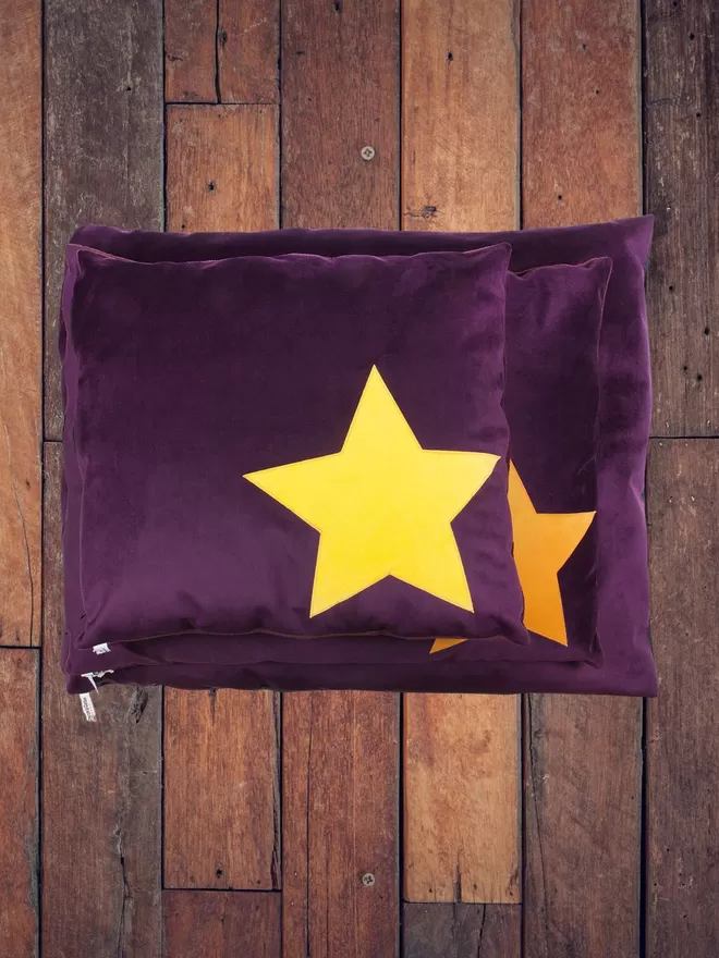 Plum Velvet Machine Washable Dog Bed With Golden Star