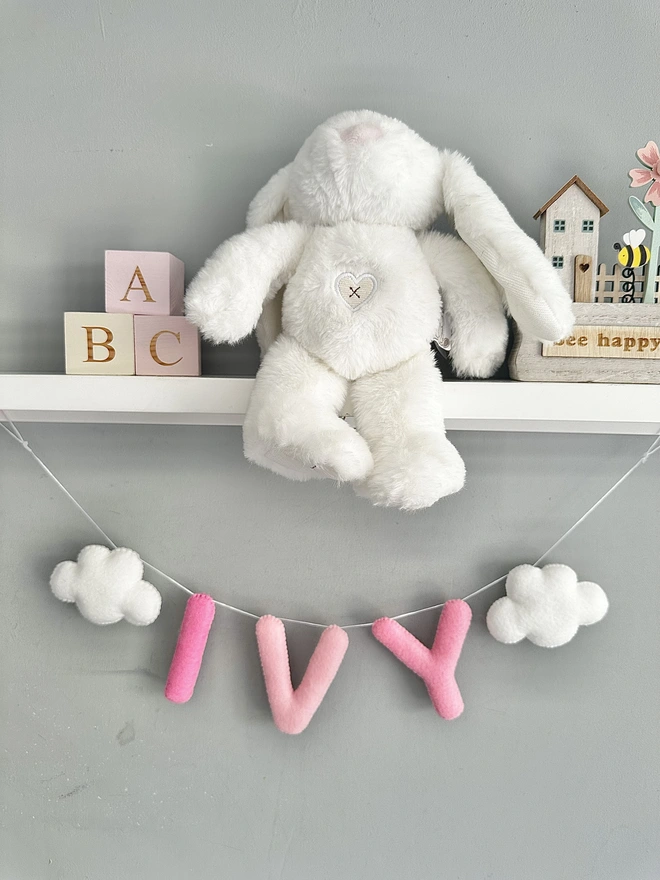Personalised Name Garland with Clouds, kids decoration, nursery bunting, baby gift, wall hanging in pink shades