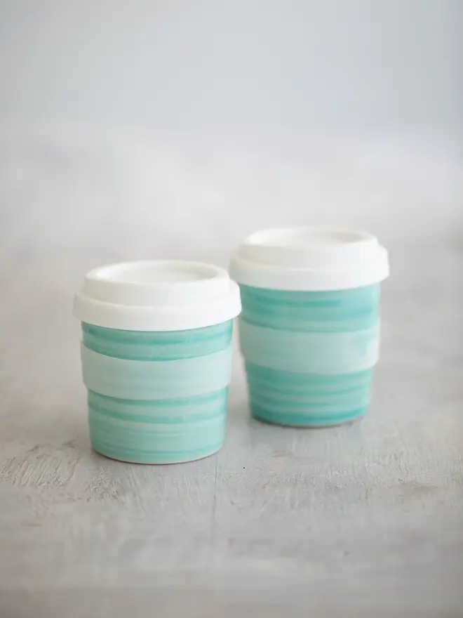 Two Sea-Green Ombre Ceramic Travel Cup With Silicon Lids.
