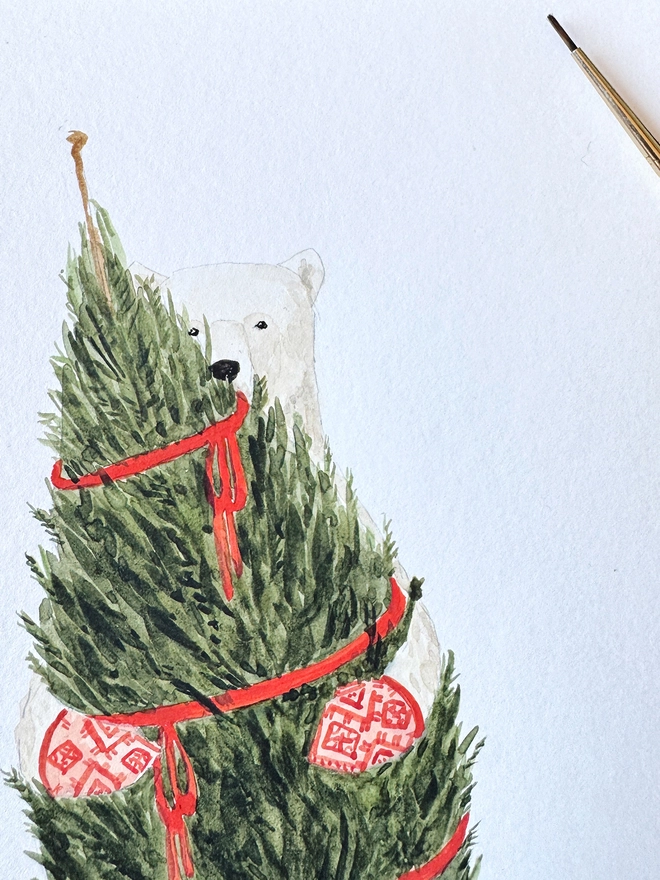 Christmas illustration of a polar bear carrying a tree
