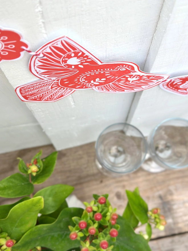 Robin Linocut Garland, Hand Printed Traditional Folk Art Decoration